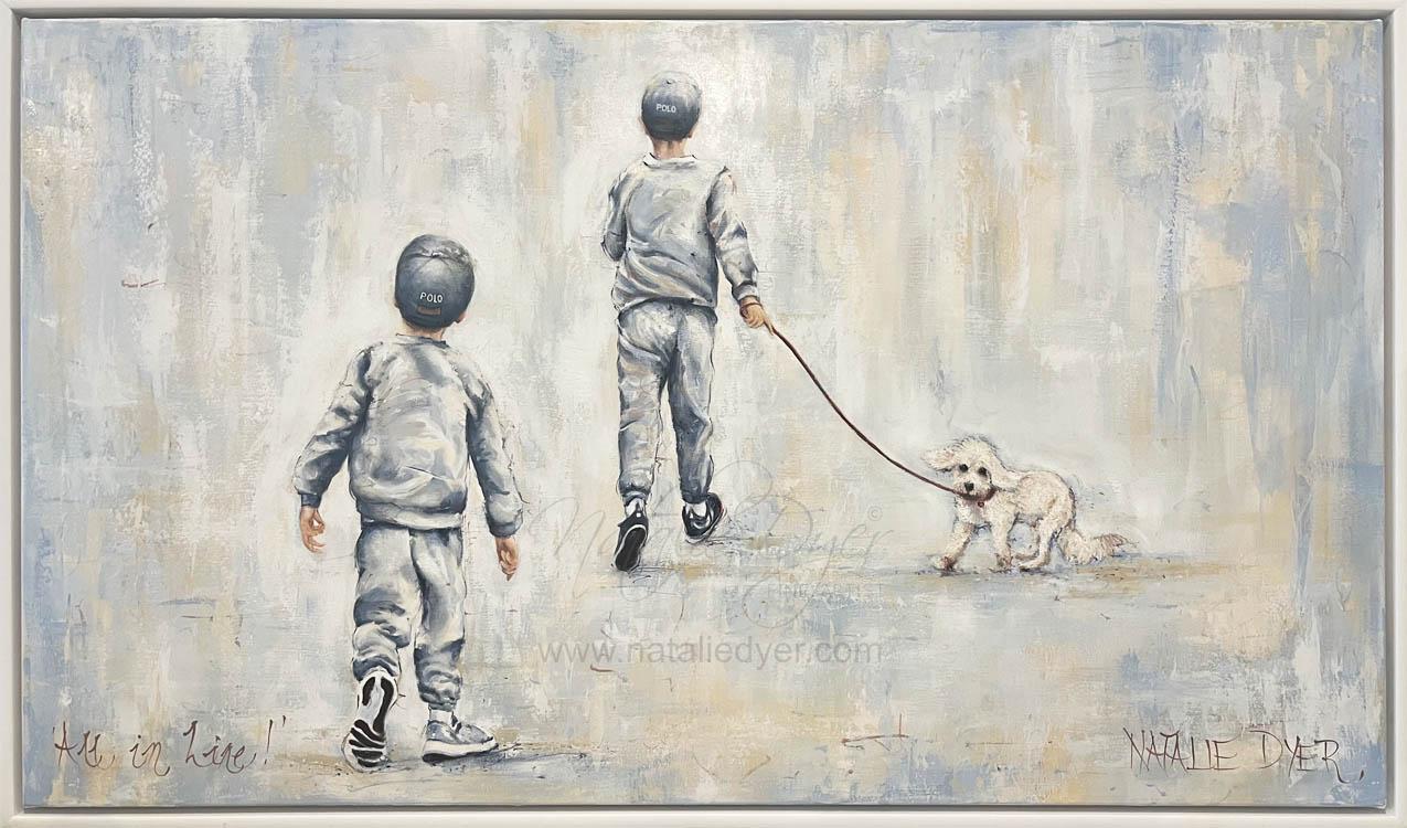 All in Line, a commissioned painting by Natalie Dyer of Ingrid's grandchildren and her dog Lexi, made for a bedroom in Melbourne