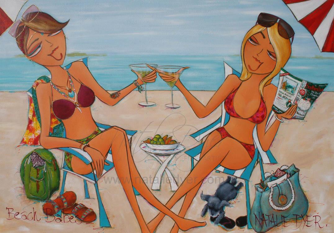 Beach Babes, a commissioned painting by Natalie Dyer of two sisters on holiday at the beach with cocktails and their little dog
