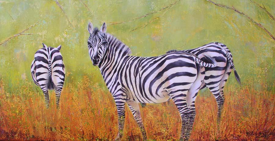Pedestrian Crossing, a commissioned African themed painting by Natalie Dyer of zebras, each with its own unique pattern