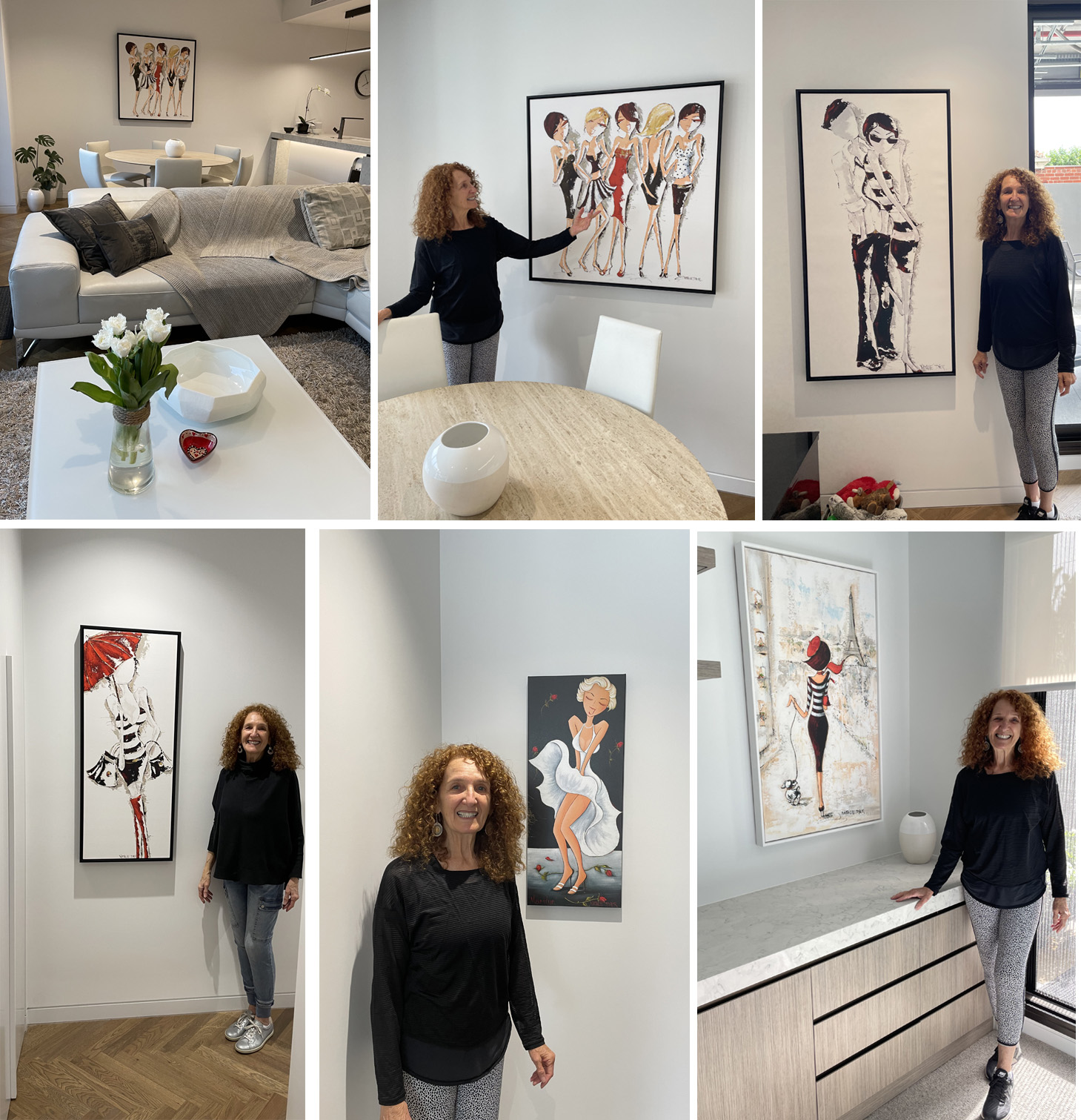 Ingrid at home in Melbourne, standing beside six of Natalie Dyer's paintings, two commissions and several giclee prints